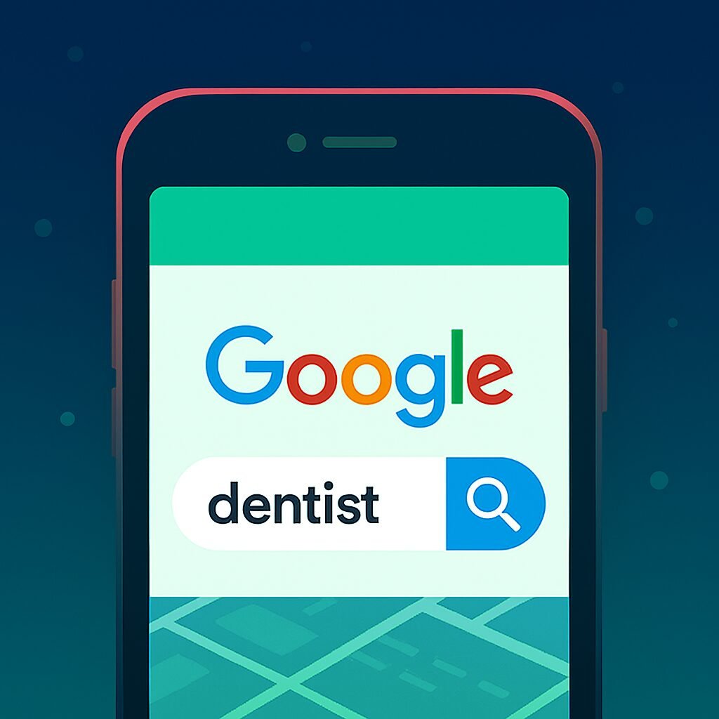A mobile in green windwon searching dentist on google search